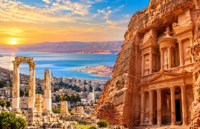 The Treasury at Petra and Roman columns in Jordan