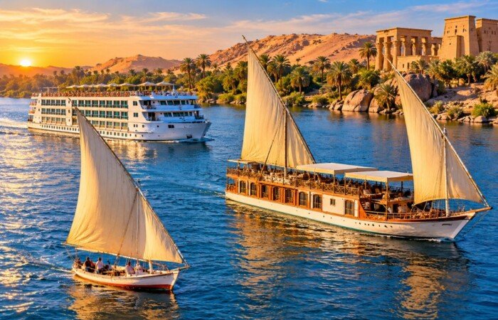 A cruise ship, a dahabiya and a felucca sailing on the Nile in Egypt